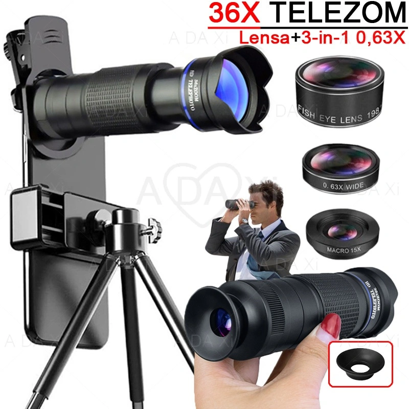 36X Zoom Kamera Ponsel Lensa Telefoto Lensa Sudut Lebar Fisheye 4in1 Kit Lensa Sudut Lebar Handphone HD