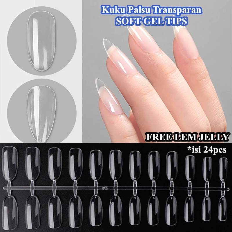 24pcs Kuku Palsu Extension FREE LEM UV Nail Art Akrilik DIY Natural Nail Art Kuku Palsu Transparan