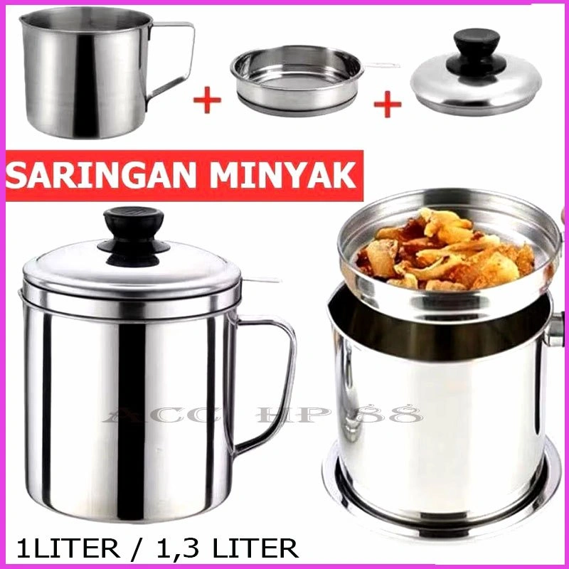 Acchp Tempat Saring Minyak Bekas Goreng Oil Pot Stainless 1,3L 1L Oilpot Model gelas