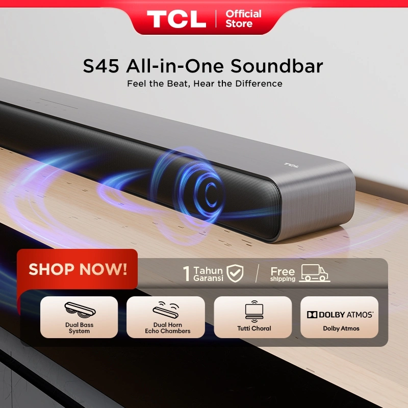 TCL Soundbar S45H - Hi-Fi Speaker Wireless Bluetooth - Dual Bass System - Dolby Atmos