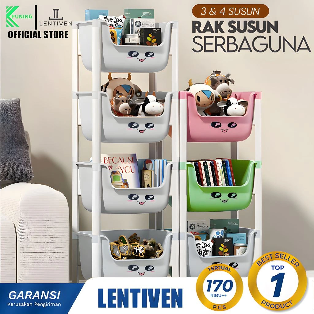 PUNING LENTIVEN Rak Susun Serbaguna 4 Susun Bahan Plastik Dengan Roda Rak Trolley Penyimpanan Mainan Anak Rak Penyimpanan Buku