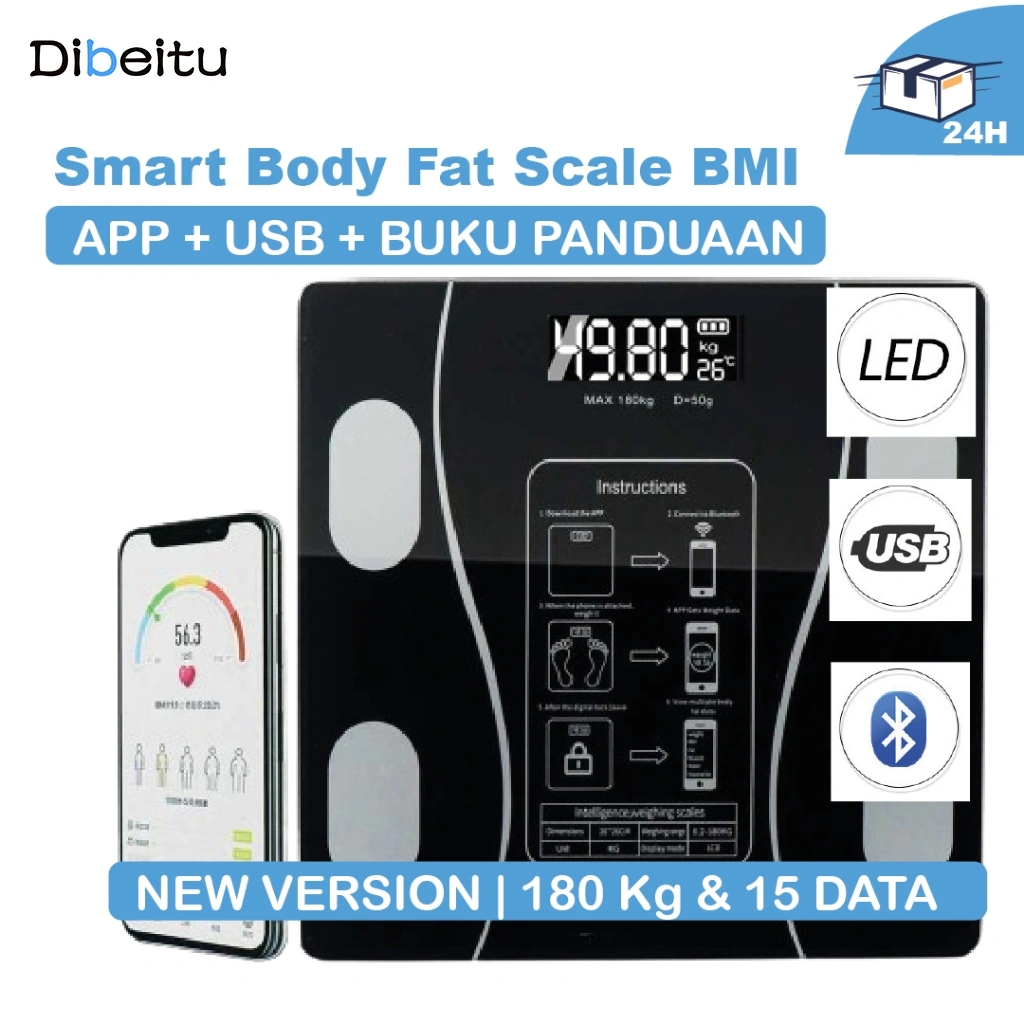 Smart Timbangan Berat Badan Digital Smart Body Fat Scale BMI USB Rechargeable