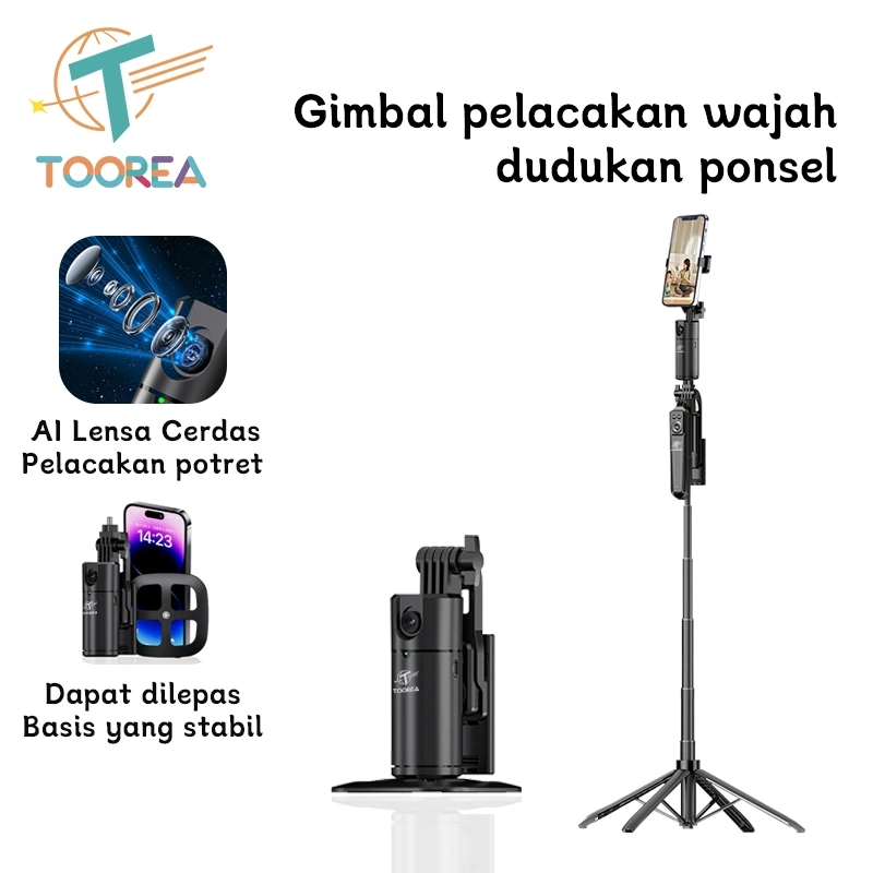 TOOREA Auto Face Tracking Gimbal Stabilizer Handphone Stabilizer 360° Pelacakan Wajah Otomatis +180cm Tongsis Tripod Paket Kombinasi Dengan Lampu LED