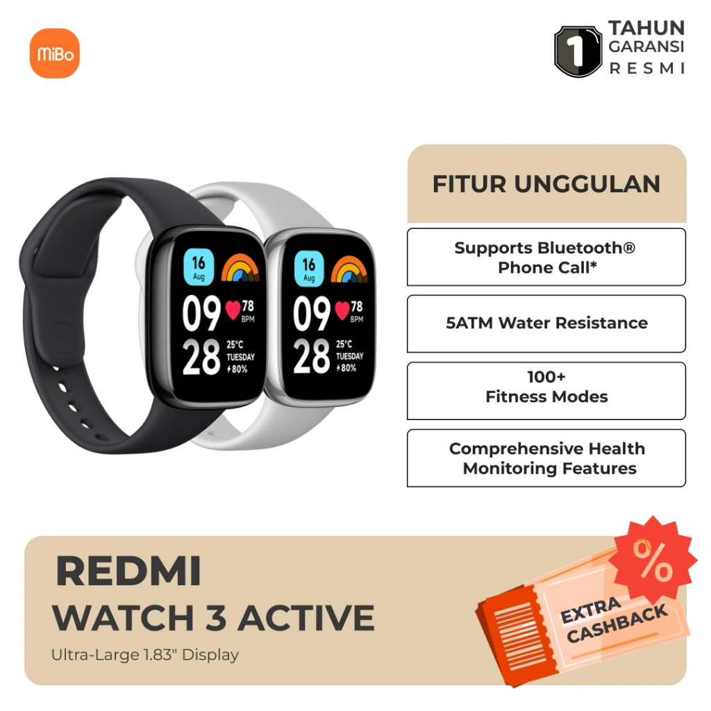 Redmi Watch 3 Active 1.83 Inch BT Call Tahan Air 5ATM 100 Mode Olahraga SpO2 Telepon Bluetooth Garansi Resmi