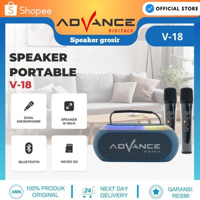 Speaker Advance V18 Speaker lampu Karaoke Plus 2 Mic Wirelless Bluetooth