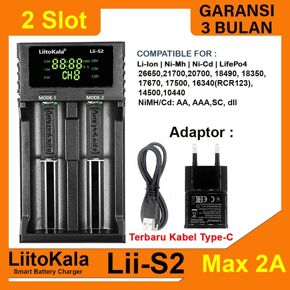 LiitoKala Lii-S2 Charger Baterai Fast Charging 2A Li-Ion LiFePO4 NiMH/NI-Cd 18650 26650 21700 AA AAA C dll