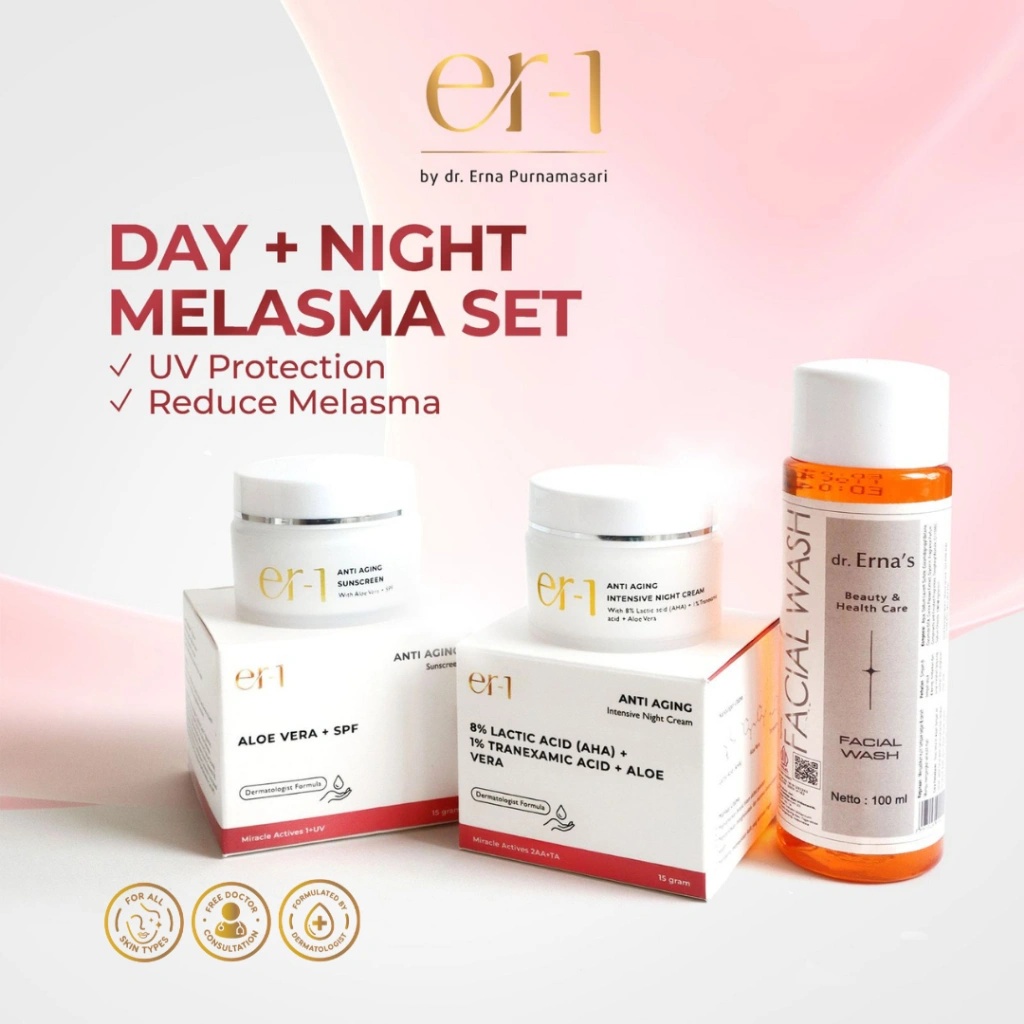 er-1 by dr. Erna Tranexamic Aging Melasma Set 3 Pcs - Paket Skincare Melasma - Night Cream Moisturizer Day Cream Sunscreen Facial Wash Cleanser-AM3
