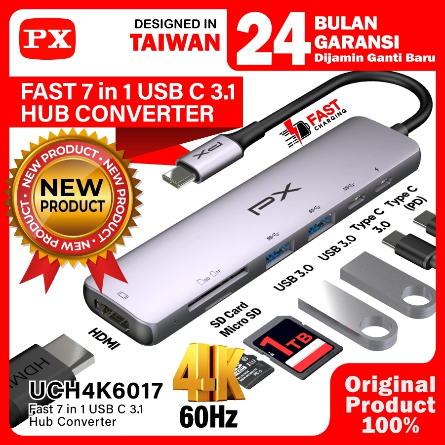 USB Type C 3.1 Hub Converter Type C HDMI 4K 60Hz USB 3.0 7 in 1 PX UCH4K6017