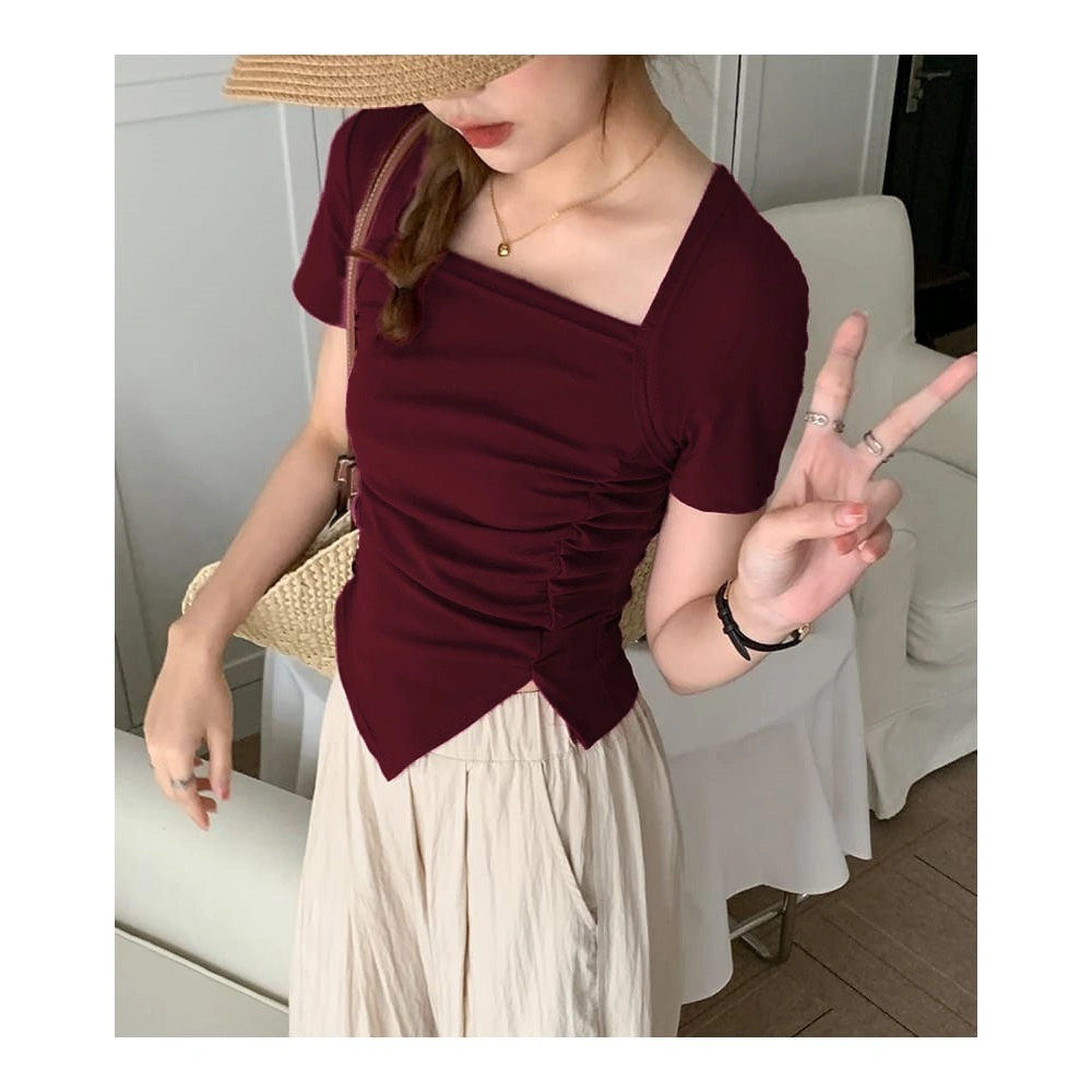 Crop Top Lengan Pendek Square Neck - Fashion Korean Look Crop Top Kerut Irregular Kekinian 6052