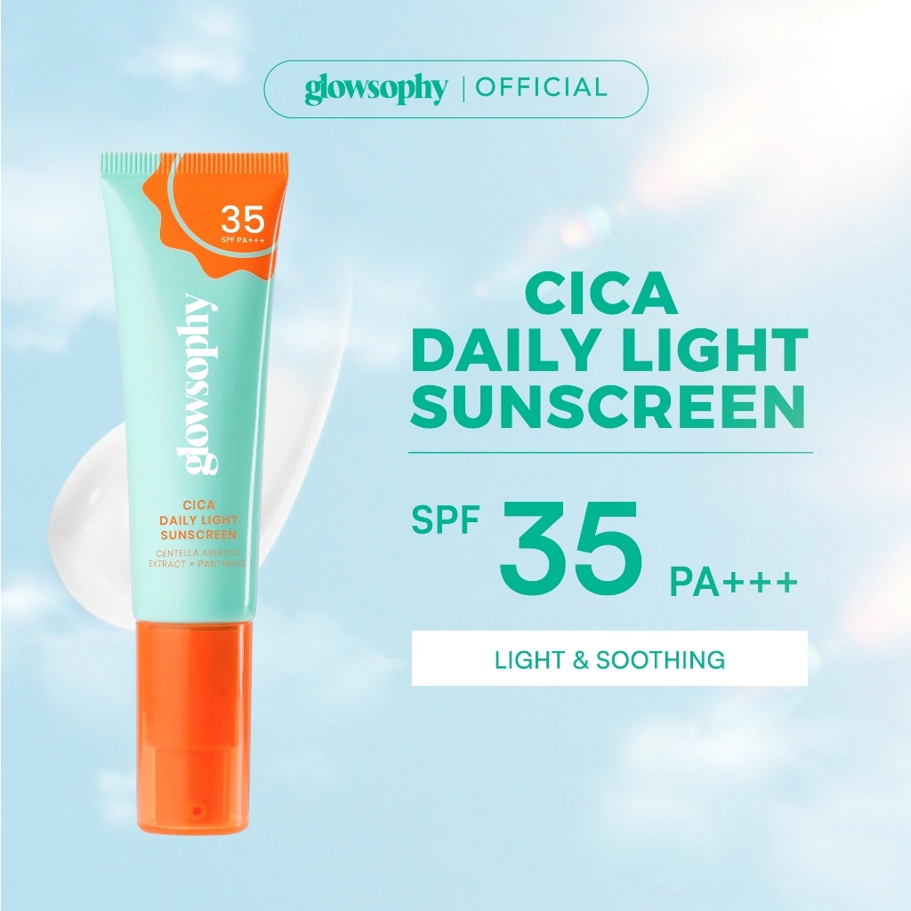 Glowsophy Cica Daily Light Sunscreen SPF 35 PA+++ Light & Soothing Sunblock Wajah Pelembab Skin Membantu Menenangkan Kulit Berjerawat Sunscreen Skin Barrier Protection Chemical Melindungi Kulit Dari Sinar UV UVA UVB Ringan Tidak Lengket Mudah Meresap