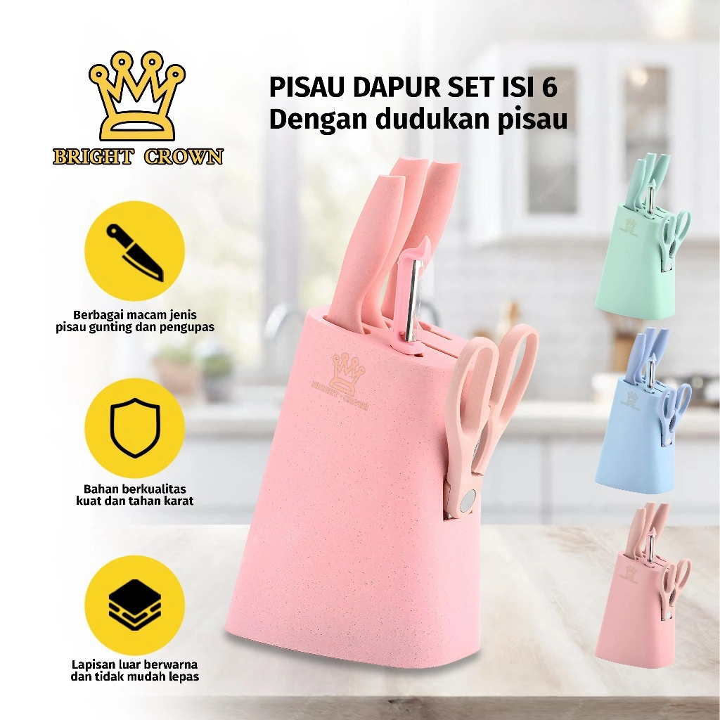 Bright Crown Pisau Dapur Set 6 in 1 / Kitchen Knife Set 6 in 1 Dengan Wadah Berkualitas