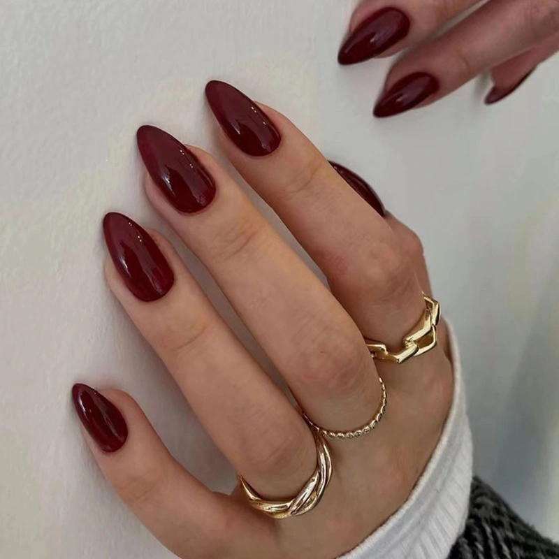 Kuku Palsu Maroon Isi 24Pcs dengan Lem Cair Tahan Lama Tahan Air W1482 Nail Mempercantik Art Polish