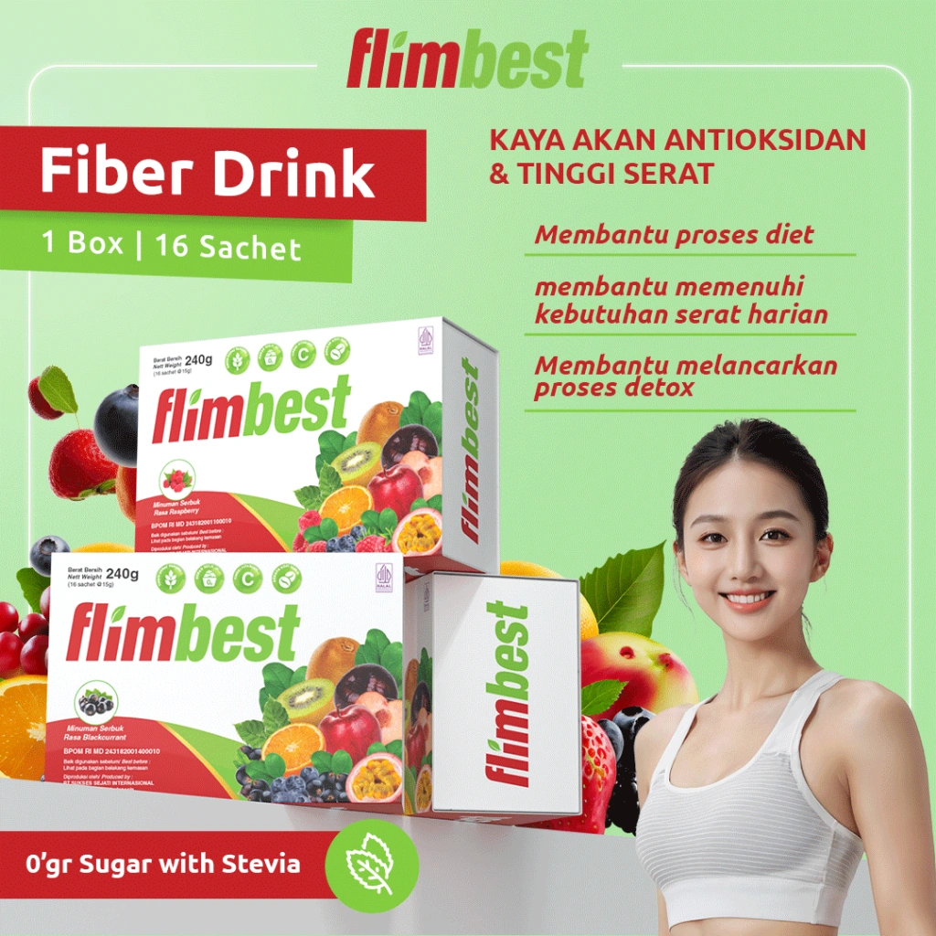 FLIMBEST FIBER 1 BOX 16 SACHET Minuman Suplemen Bebas Gula Diet Pelangsing Tubuh BPOM ( BISA COD ) OBAT LANGSING KURUS DETOX HERBAL ALAMI ANTIOKSIDAN BPOM HALAL MUI RASA BLACKCURRANT RASPBERRY MANGGA MIX RASA