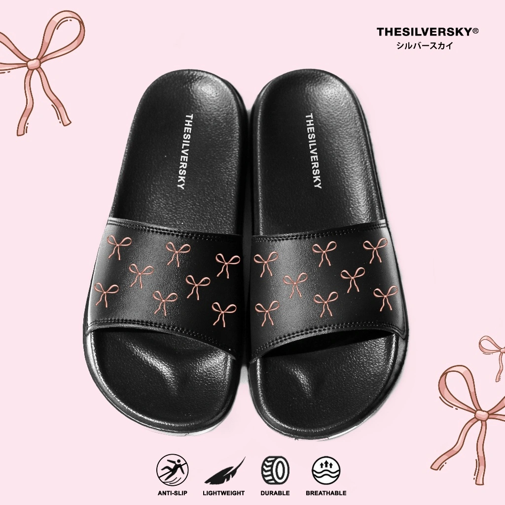 Thesilversky Ribbon Slides Sandal | Slip On Wanita Premium Hitam