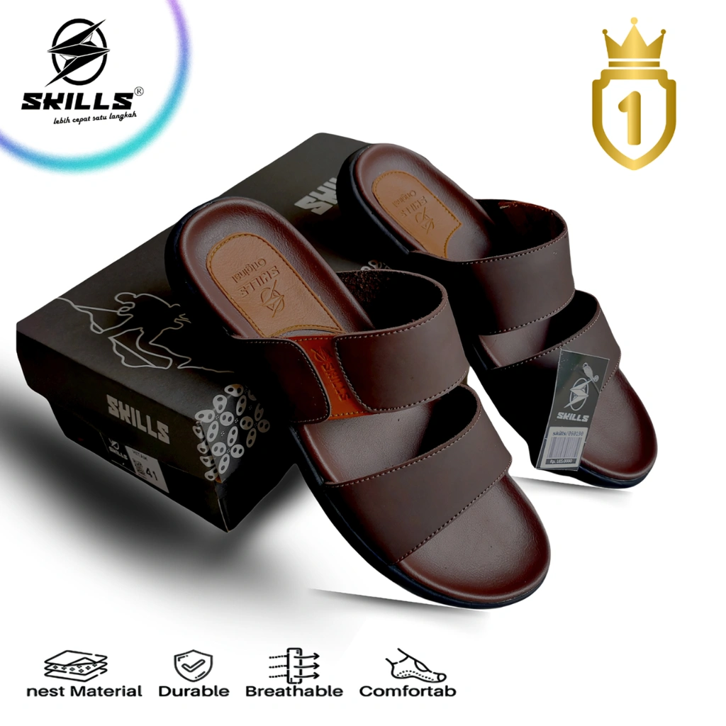 SKILLS Barqun Miguel - Sandal Pria Casual | Sandal Kulit | Sandal Slop | Strap Leather Premium