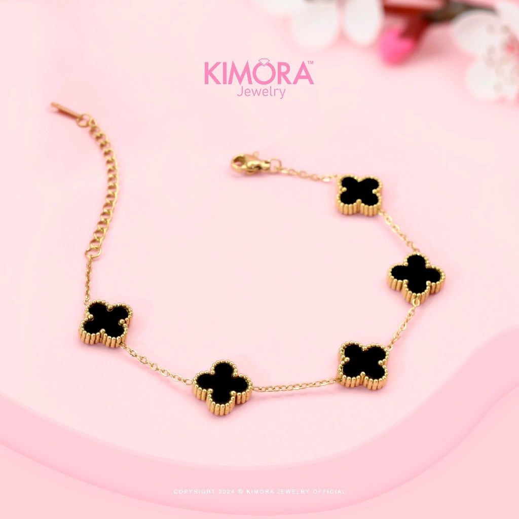 Kimora - Gelang Titanium Wanita Bunga Hitam Cecil Gold Plated 18k Gtt218