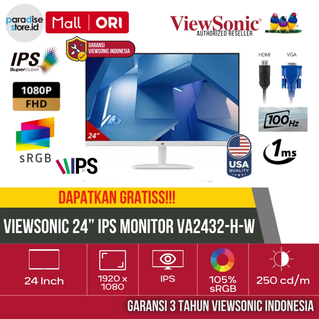 Monitor LED VA2432-H-W ViewSonic 24" IPS Frameless 100hz 1ms FHD Putih