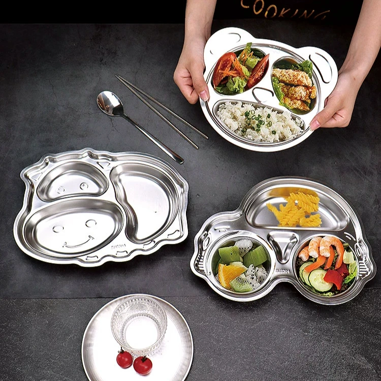Piring anak stainless steel SUS 304 Premium Tempat Makan Anak Bayi MPASI anti pecah anti bau Bentuk Hewan Animal karakter sapi mobil piring sekat food tray BLW baby plate kado lahiran korea BPA FREE