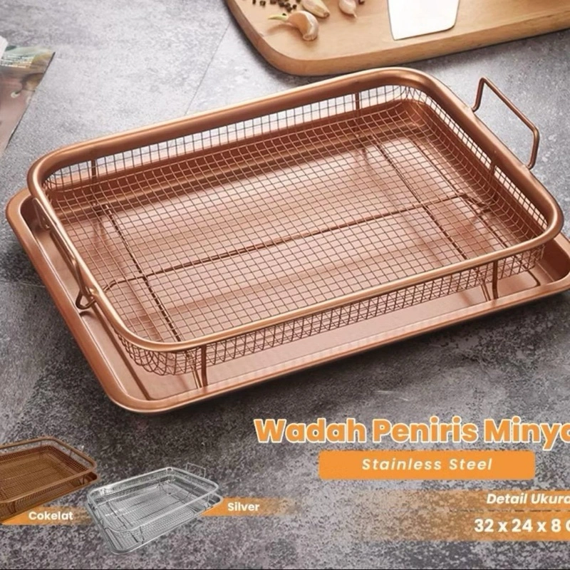 PROMO 1set peniris minyak copper crisper tray fika gold / loyang oven tray serbaguna / baking tray / nampan tirisan minyak stainless / alat tiris minyak serbaguna gold silver