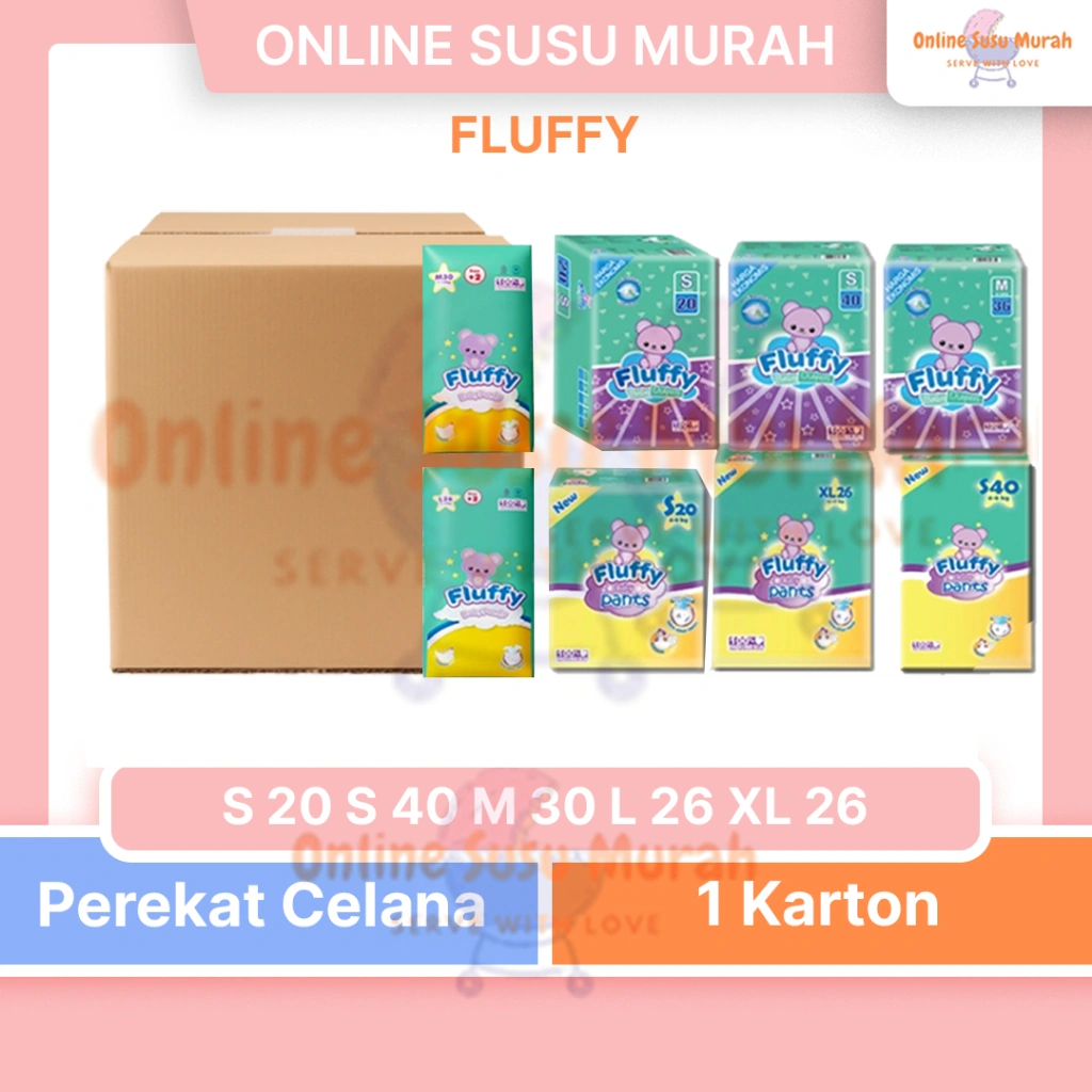 FLUFFY PAKET 1 KARTON PANTS S 20 S 40 M 30 L 26 XL 26 TAPE S 20 S 40 M 36 PPKS