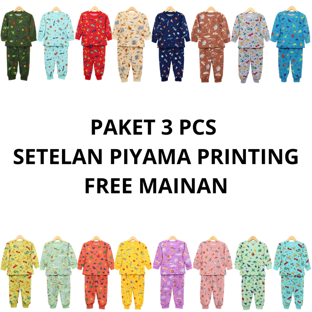 IRU KIDS - PAKET 3 PCS SETELAN PIYAMA ANAK PRINTING LENGAN PANJANG COWOK DAN CEWEK UNISEX USIA 0-6 TAHUN FREE MAINAN