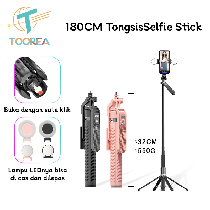 TOOREA Tongsis Selfie Stick 180cm Empat Tripod Kualitas Tinggi Aluminium Berkualitas Tongsis hp Tripod Bluetooth Remote Control Rotasi 360° Tongsis handphone