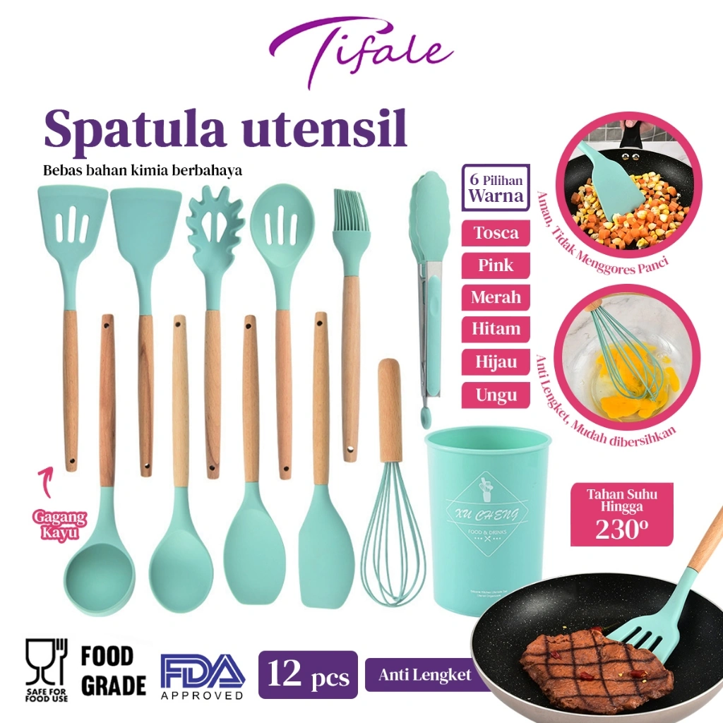 Tifale Silicone Utensil 12 Pcs Spatula Peralatan Masak Sutil Pegangan Kayu Baking Set Alat Masak