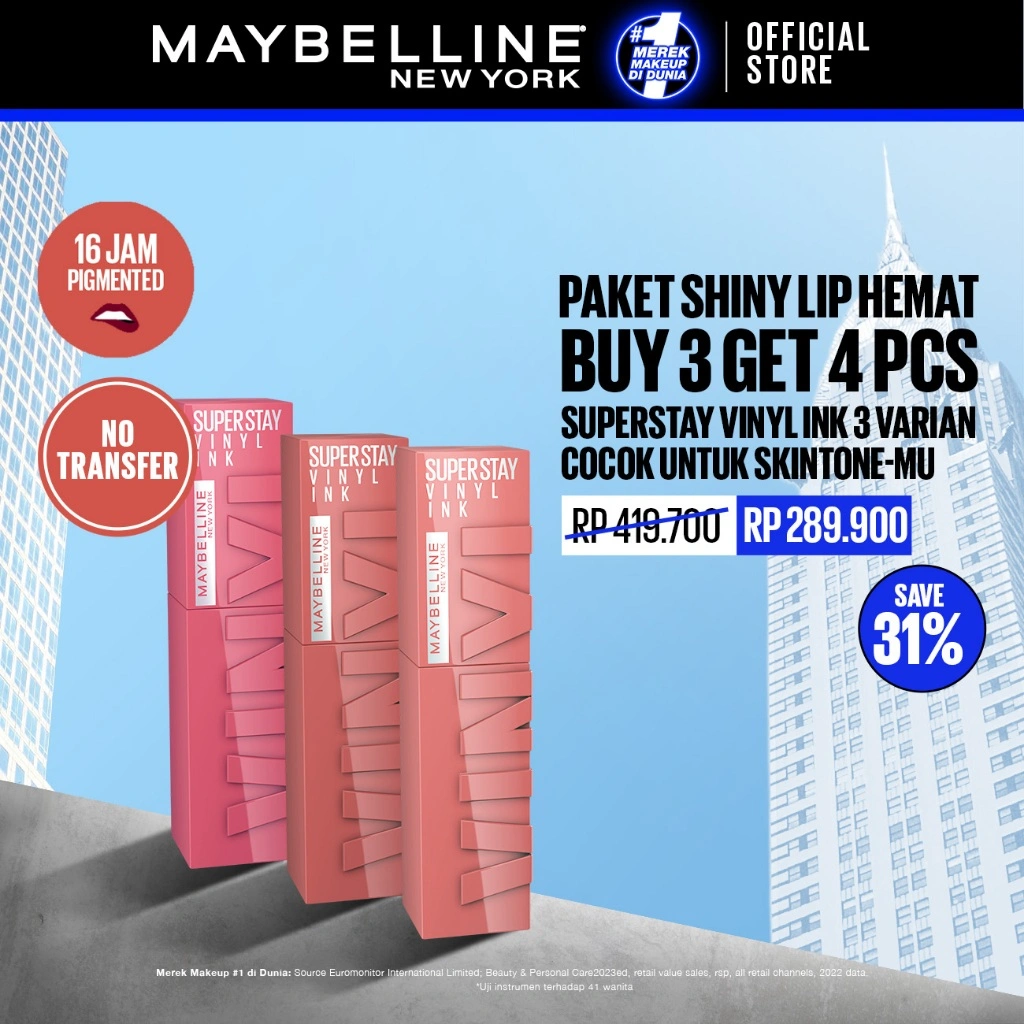 MAYBELLINE OFFICIAL LIP KIT Superstay Vinyl Ink 3 pcs - Shiny Pigmented Liquid Lipstik Lipstick Make Up Lipcream Longlasting Waterproof Viral Tahan Lama 16 jam