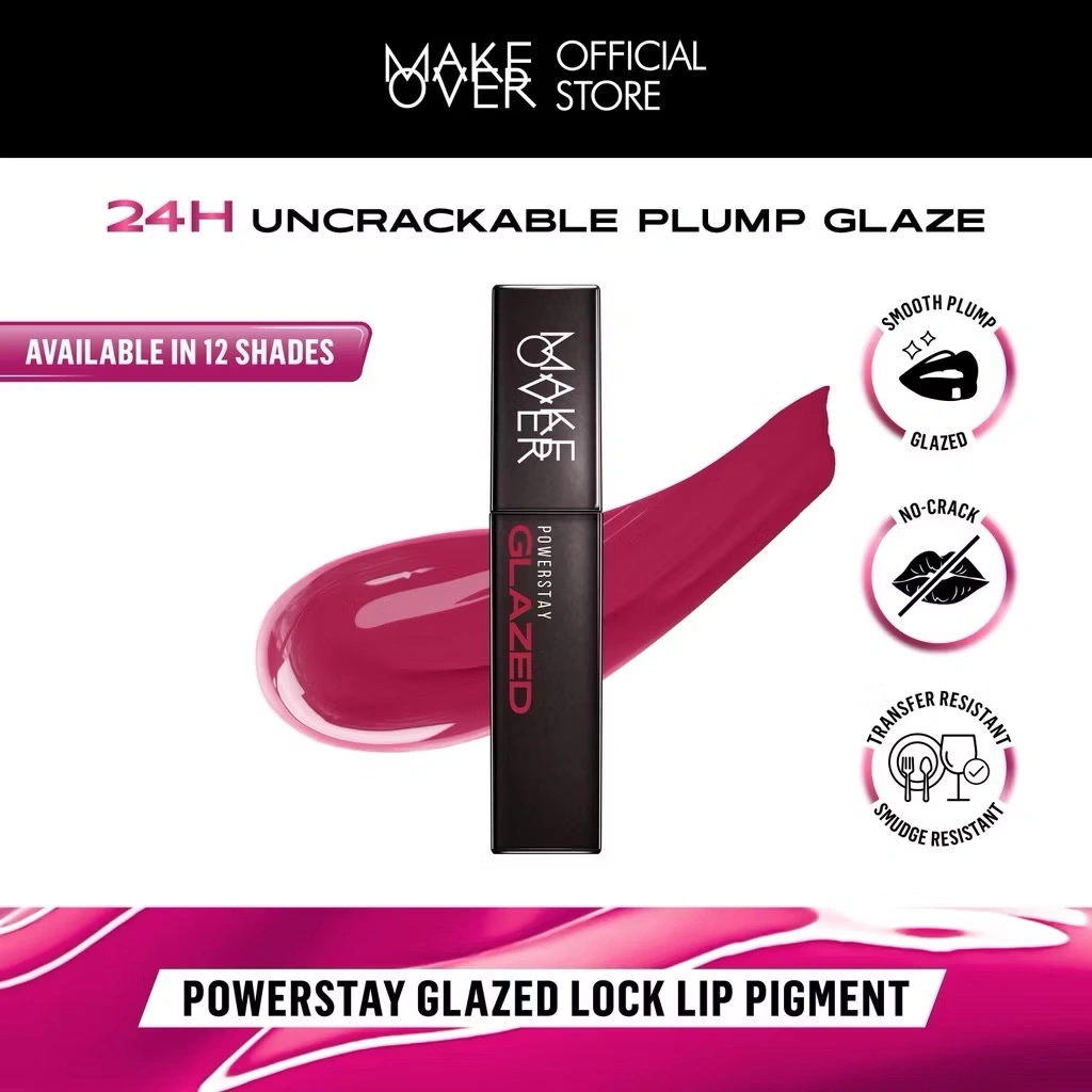 MAKE OVER Glazed Lock Lip Pigment Powerstay Indonesia / Lip Pigment 3g / 24H Uncrackable / Smooth Plump / No Crack / Transfer Smudge Resistant / Pigmented Glazy Gloss Glossy Plump Plumpy Balm / Lipstick Lipstik Kosmetik Bibir / Cosmetic Lip Makeup Series