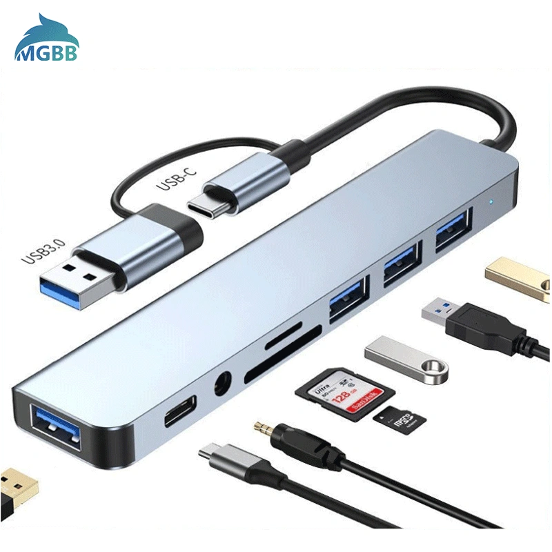 MGBB 8in1 USB-C Converter Adapter Multi USB HUB Type-C to USB*4+SD+TF Card Reader+3.5mm Audio Output_st-8in1