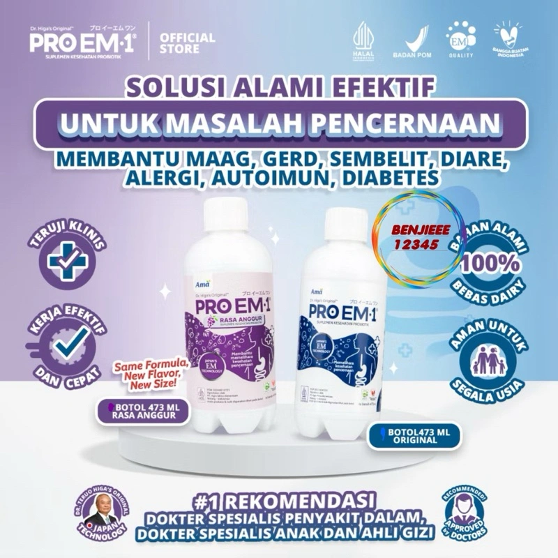 (473) PROEM1 473ml Probiotik anak dewasa bakteri baik memelihara kesehatan pencernaan suplemen kesehatan maag gerd sembelit original anggur Pro Em PRO EM 1 proem1 ProEm BPOM Halal probiotik probio imun usus 473 ml