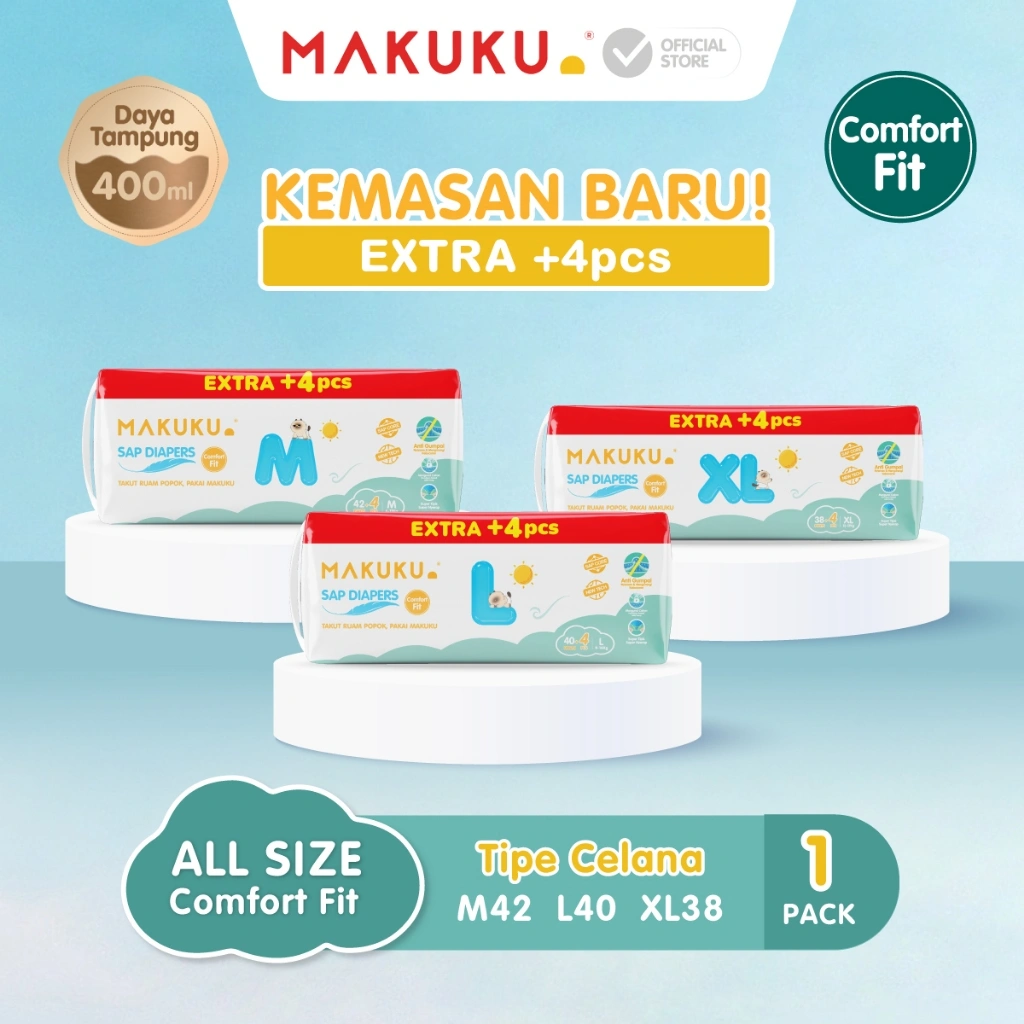 [1 PACK] MAKUKU SAP Diapers Comfort Fit Jumbo / Extra Jumbo+4 Pants/Tape M/L/XL Popok Bayi Tipis Extra Dry Anti Gumpal Mengunci Cairan Cepat Kering Type Celana