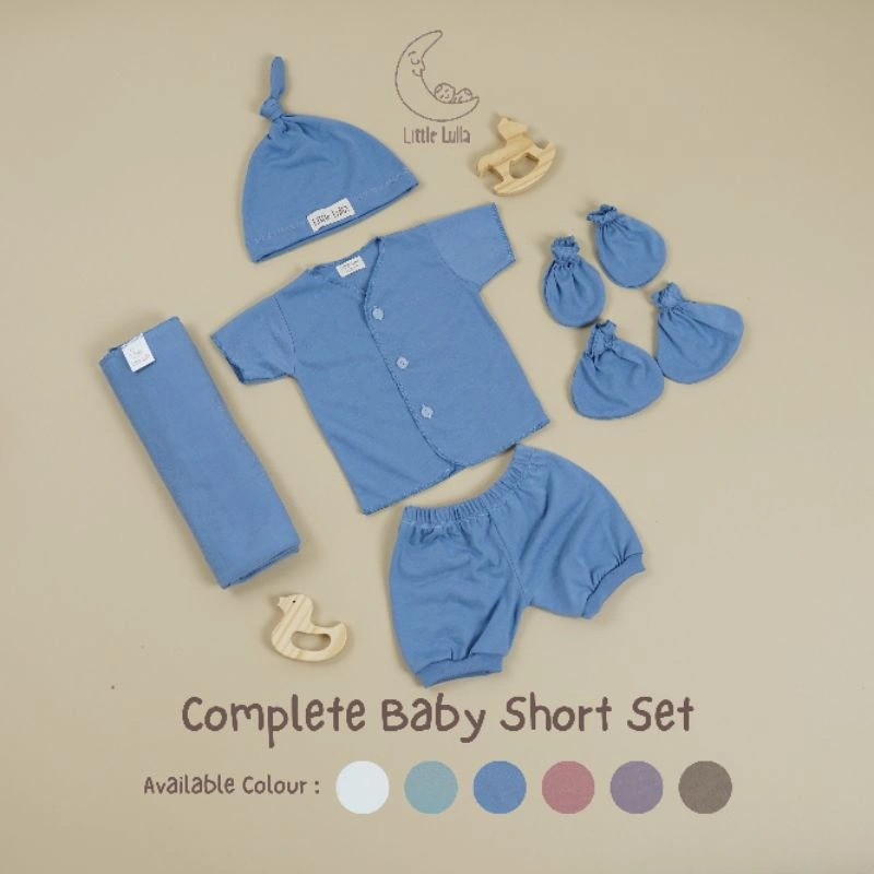 Little Lulla - Complete Baby Short Set / paket lahiran berisi bedong topi sarung tangan kaki baju setelan pendek bayi baru lahir / hampers baby new born lengkap murah katun polos / kado lahiran lengkap