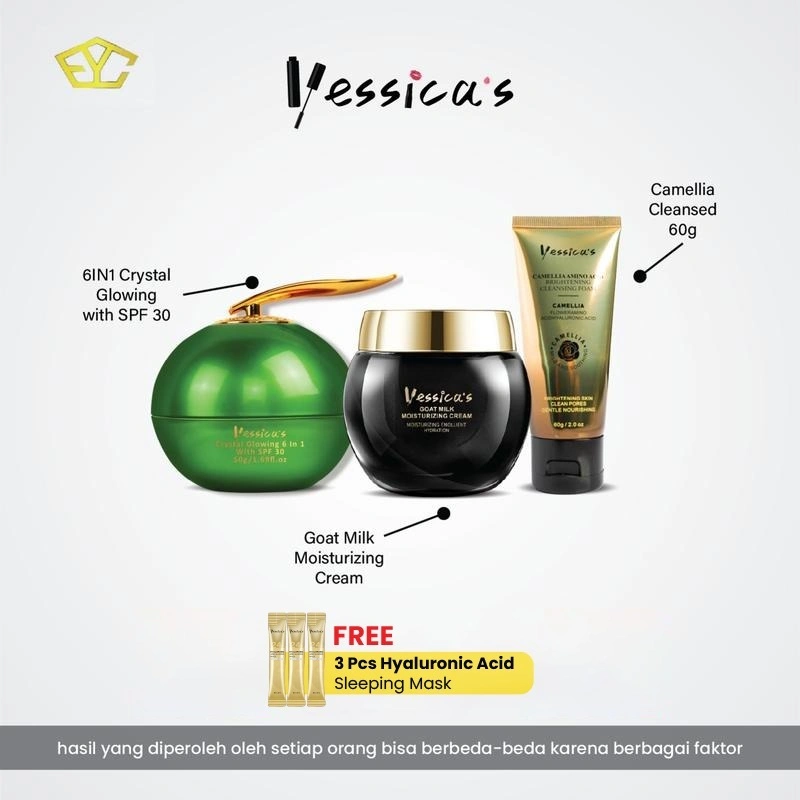 FYC - Yessica's (Basic) 6IN1 Crystal Glowing Cream + Goat Milk Moisturizer + Face Wash Mini Travel Size (Bonus 3 Sleeping Mask Hyaluronic Acid)