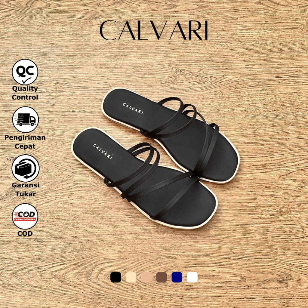CALVARI - STACY Sandal Wanita Korea Teplek Casual Kekinian Size 36 - 41 Sendal Flat Cewek Kasual