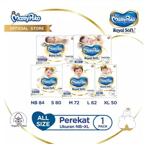 MamyPoko Royal Soft Organic Cotton - All Size (NB - XL)- Popok Perekat -1Pack