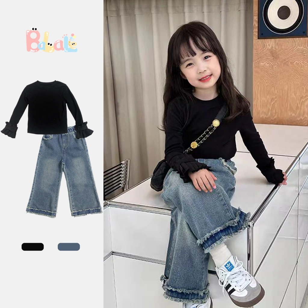 BALALE - Setelan Jeans Anak Perempuan Baju Katun Lengan Panjang dan Celana Jeans Usia 3-10 Tahun