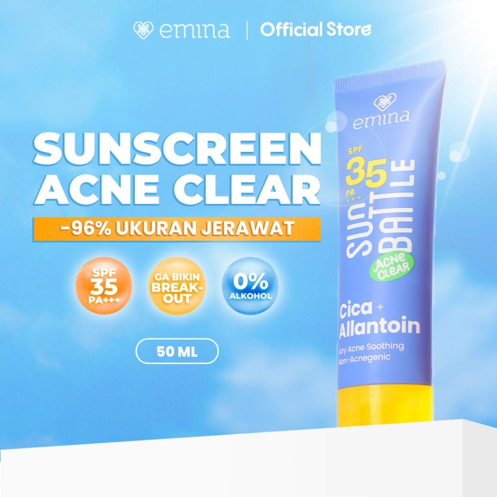 NEW! Emina Sun Battle SPF 35 PA +++ Acne Clear Cica + Allantoin Airy Acne Soothing 50 ml - Sunscreen untuk Melindungi dari sinar UV untuk Kulit Berminyak, Berjerawat, Sensitif. Ringan, no whitecast, fresh. Teruji in-vivo non-acnegenic & non-comedogenic