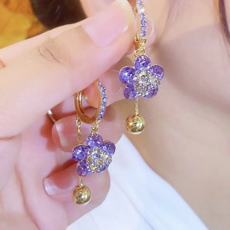 (Bebas beli 2 dapat bonus) A126 COD Anting juntai bunga ungu titanium wanita Korea original