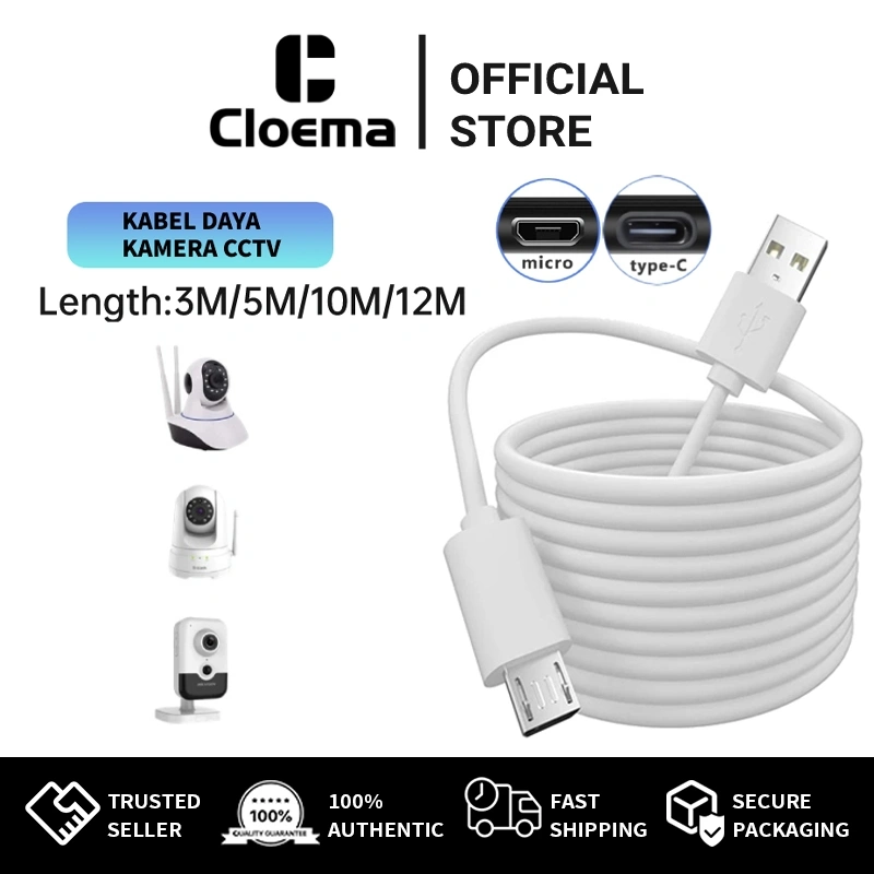 Cloema Kabel Data Micro USB Charger 3/5/10/12 Meter Kabel Pengisian Cable Power Untuk Kamera Cctv IP Camera