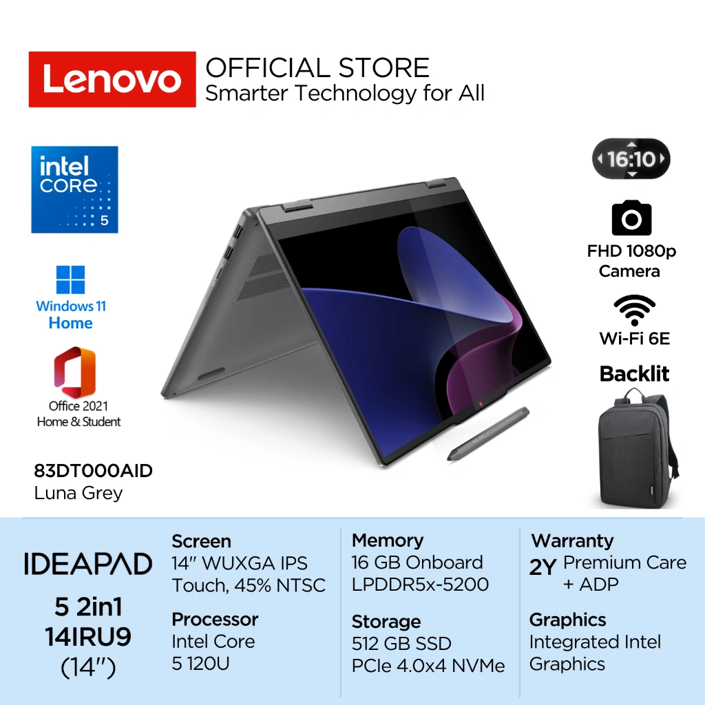 Lenovo IdeaPad 5i 2in1 14IRU9 Intel Core 5 120U Win11 16GB 512GB SSD 14" WUXGA IPS 300nits 45% NTSC Glossy Touch Integrated Backlit Fingerprint Pen 1080p OHS 0AID 09ID Laptop 14inch Touchscreen Grey 83DT000AID Blue 83DT0009ID Windows Office