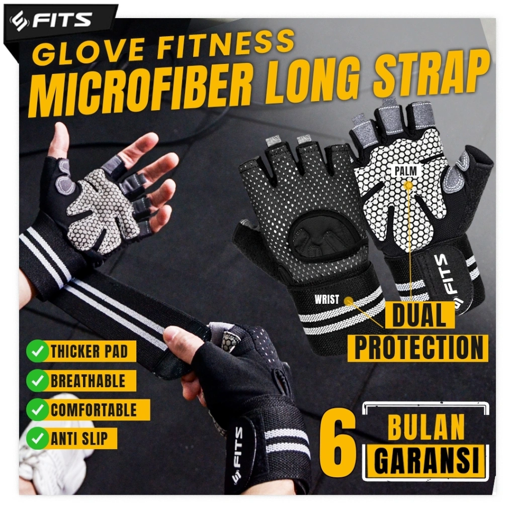 FITS Glove Fitness Gym Microfiber Long Strap | Sarung Tangan Fitnes Olahraga