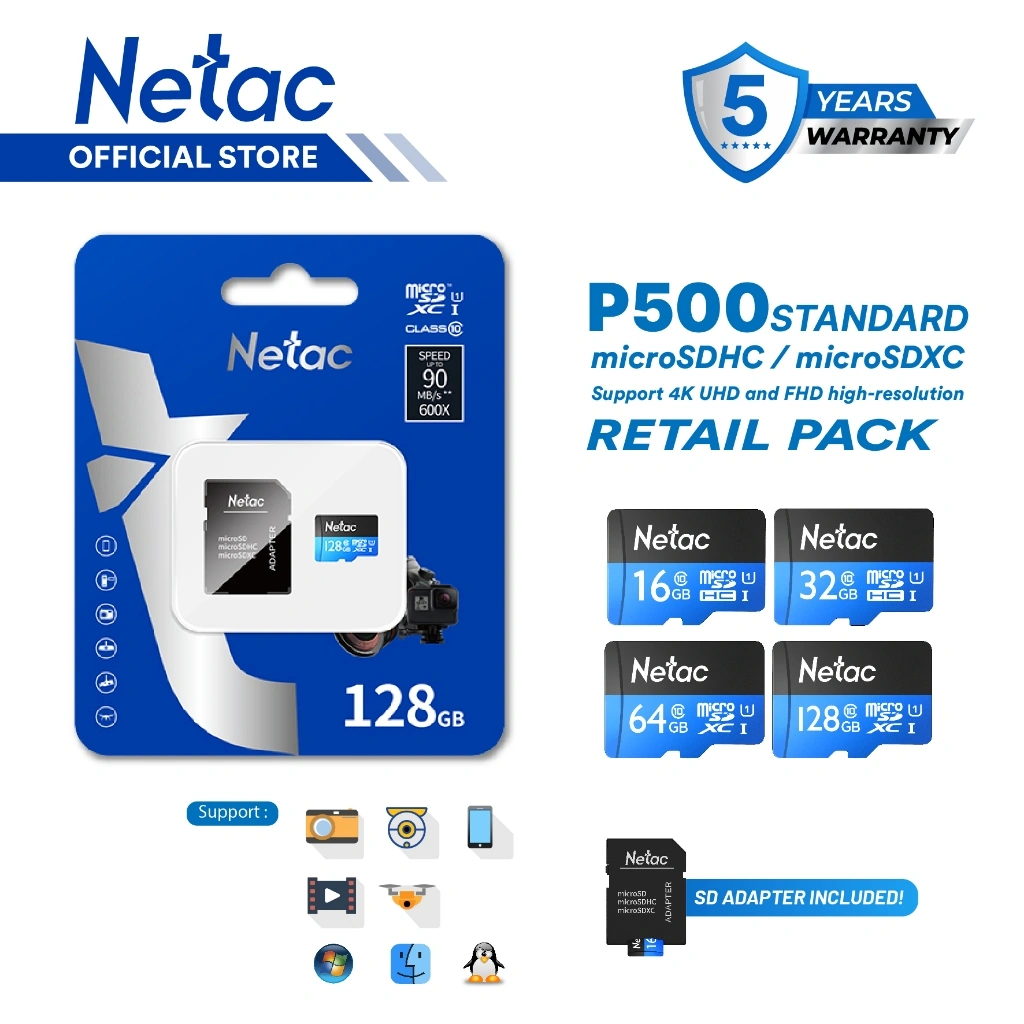 Netac MicroSD P500 Standard 16GB/32GB/64GB/128GB MicroSDHC/SDXC Card with SD Adapter U1/C10 up to 90MB/s Retail Pack Card