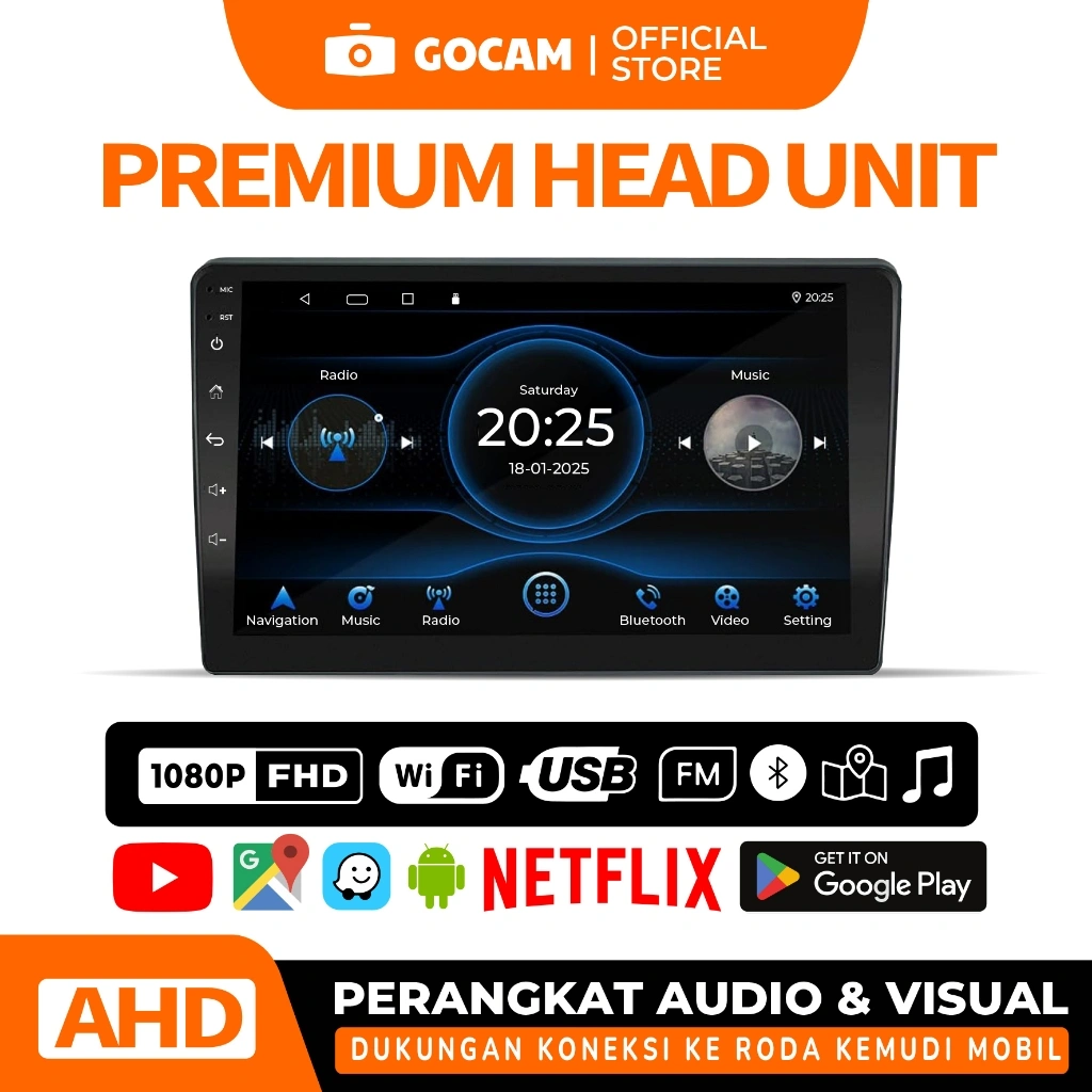 GOCAM Head Unit 4+32/64G Android 7/9/10inch + Cooling System Car Android 13 GPS BT Music WIFI Navigasi Kamera Mundur Multimedia Mirrorlink Reverse Display Bluetooth