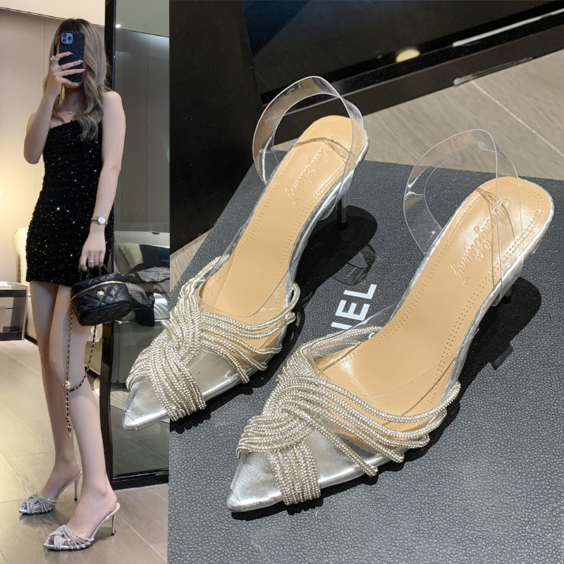 Sepatu Sandal Heels Kerja Mules Kantor Heels Wanita Premium Hak Kaca Tahu Tinggi 7cm 9cm Pesta Terbaru Dansa Wisuda Korea Style Elegant Import Bling Wedding Pengantin Ladies Casual Fashion Cantik Women Party Shoes - Ukuran 35 36 37 38 39 40