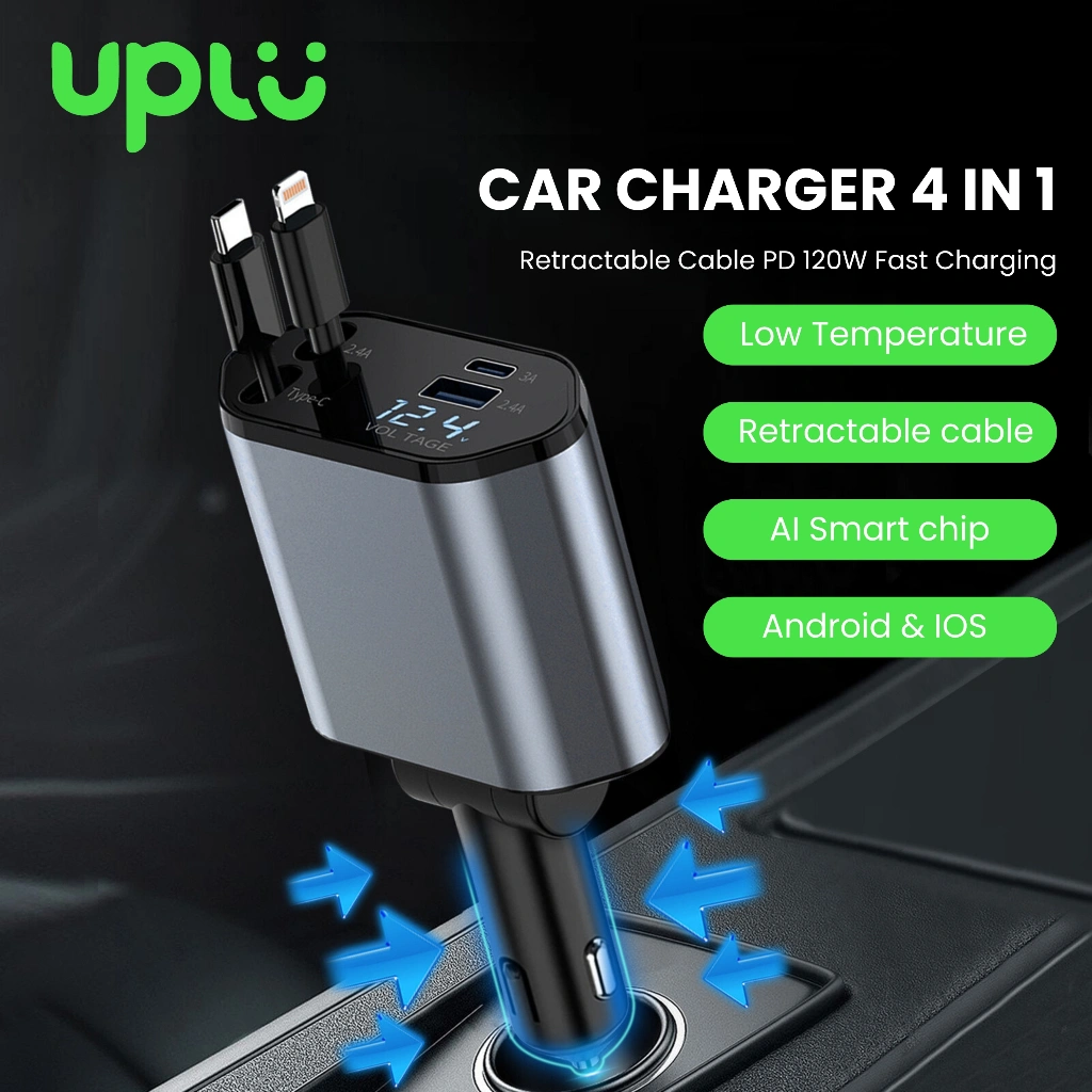 UPLU 120W Fast Charging Car Charger Mobil & Motor Rectractable Cable 4 In 1 Type-C Dan Iphone