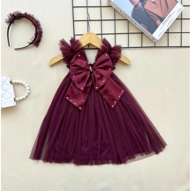 [READY STOCK] Dress pesta tutu tile anak dan bayi burgundy mutiara mewah bigbow pita satin besar pink denim blue jeans mint 1 2 3 4 5 6 th