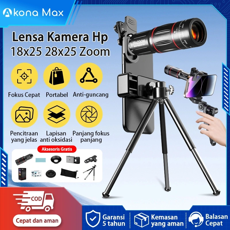 Akona Lensa Kamera Hp Apexel 28x Zoom Paduan Aluminium Lensa Tele Zoom Hp 18x25 (Dengan Tripod)