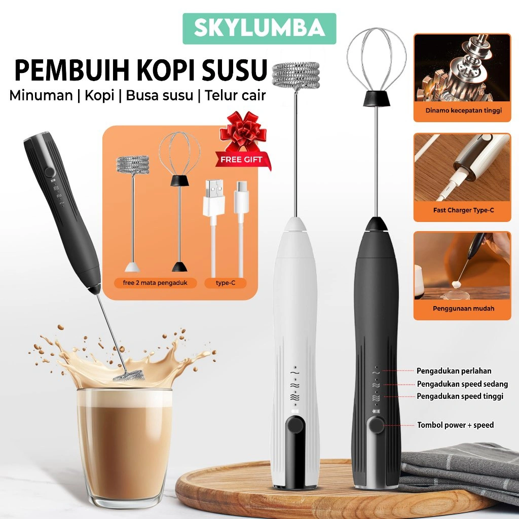 Skylumba 3IN1 Pembuih Susu Kopi Electric Mixer Hand Mixer Portable USB 4Watt Blender Milk Coffee Pengocok Telur EW06