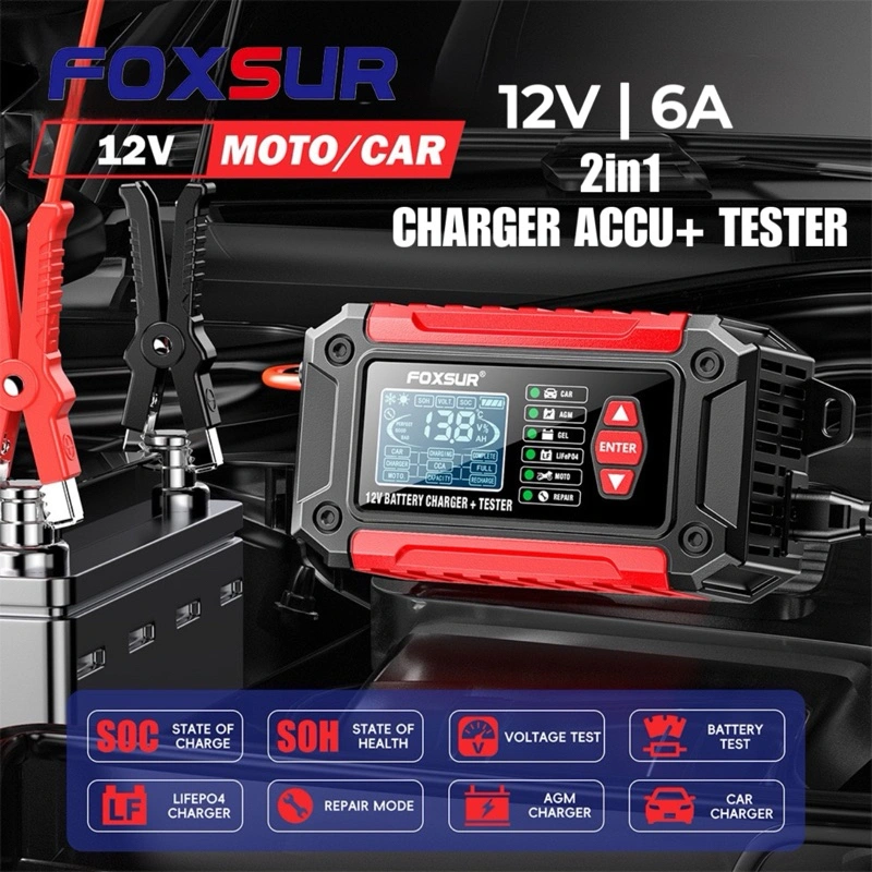 Foxsur 2in1 Smart Car Battery Charger 6A 4AH-200AH Charger dan Tester Accu Mobil Motor Lead Acid AGM GEL Lithium LiFePo4